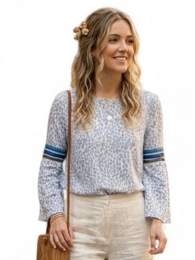 Boho Marc Aurel Blue Animal Print Bell Sleeve Blouse SZ 36 US SM